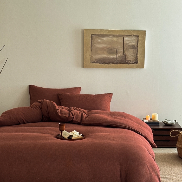 91家纺网 家纺一手货源 找家纺 尚品本色 2026新款纯色色织双层纱四件套 红色