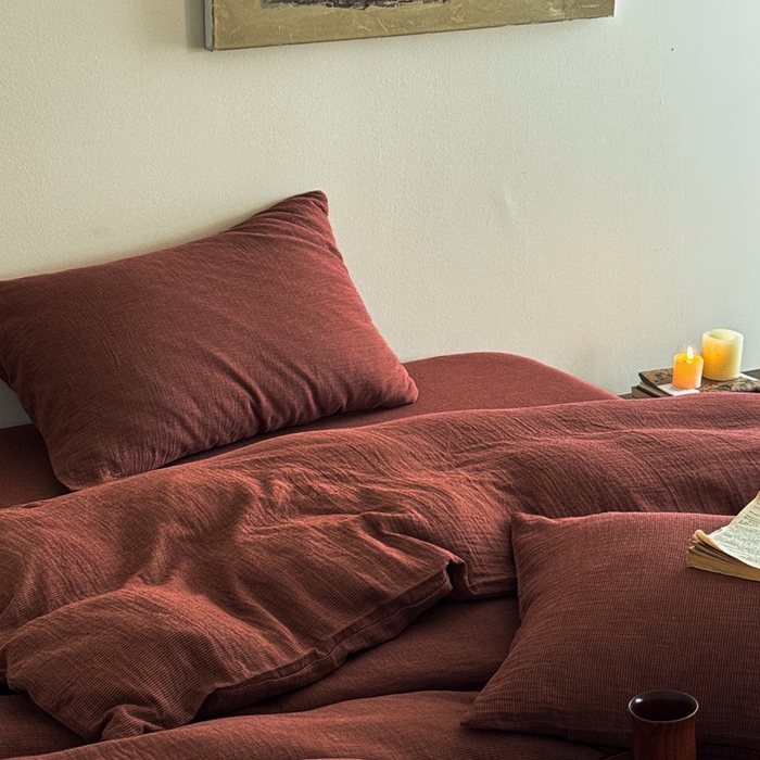 91家纺网 家纺一手货源 找家纺 尚品本色 2026新款纯色色织双层纱四件套 红色