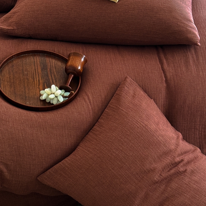 91家纺网 家纺一手货源 找家纺 尚品本色 2026新款纯色色织双层纱四件套 红色