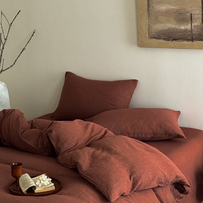 91家纺网 家纺一手货源 找家纺 尚品本色 2026新款纯色色织双层纱四件套 红色