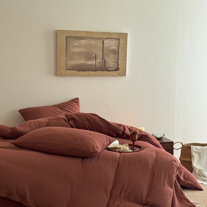 91家纺网 家纺一手货源 找家纺 尚品本色 2026新款纯色色织双层纱四件套 红色