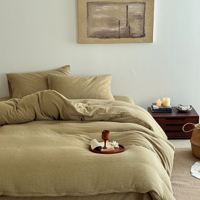 91家纺网 家纺一手货源 找家纺 尚品本色 2026新款纯色色织双层纱四件套 绿色