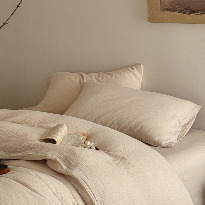 91家纺网 家纺一手货源 找家纺 尚品本色 2026新款纯色色织双层纱四件套 米色