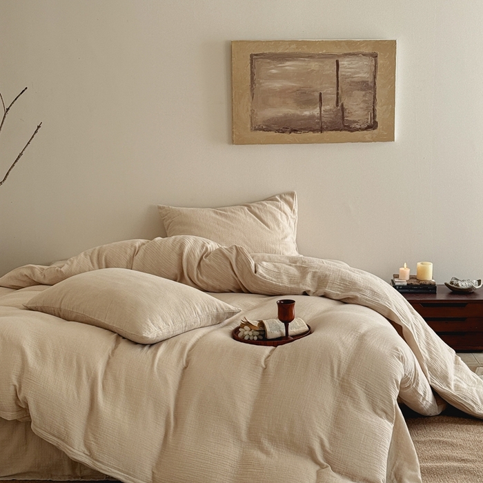 91家纺网 家纺一手货源 找家纺 尚品本色 2026新款纯色色织双层纱四件套 米色