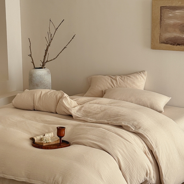 91家纺网 家纺一手货源 找家纺 尚品本色 2026新款纯色色织双层纱四件套 米色