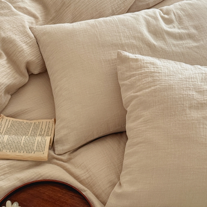 91家纺网 家纺一手货源 找家纺 尚品本色 2026新款纯色色织双层纱四件套 米色