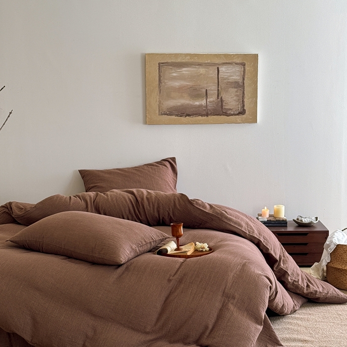 91家纺网 家纺一手货源 找家纺 尚品本色 2026新款纯色色织双层纱四件套 棕色