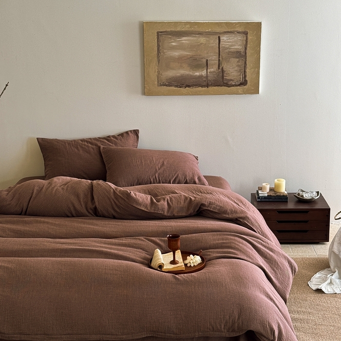 91家纺网 家纺一手货源 找家纺 尚品本色 2026新款纯色色织双层纱四件套 棕色