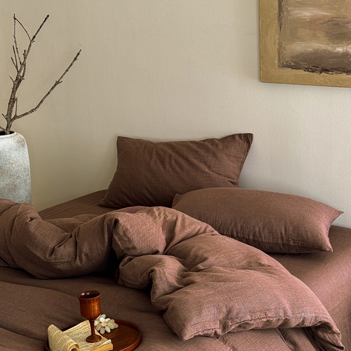 91家纺网 家纺一手货源 找家纺 尚品本色 2026新款纯色色织双层纱四件套 棕色