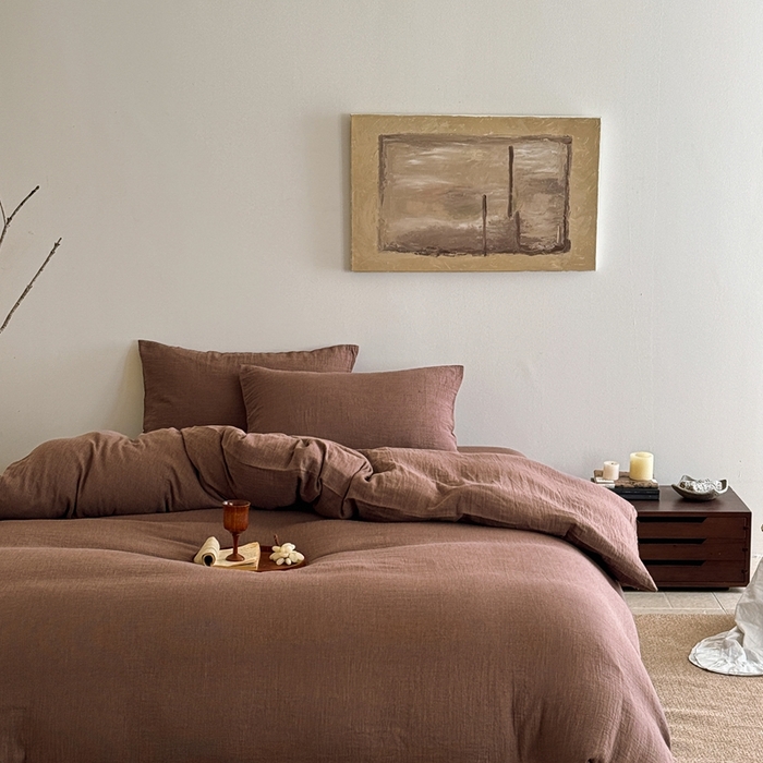 91家纺网 家纺一手货源 找家纺 尚品本色 2026新款纯色色织双层纱四件套 棕色