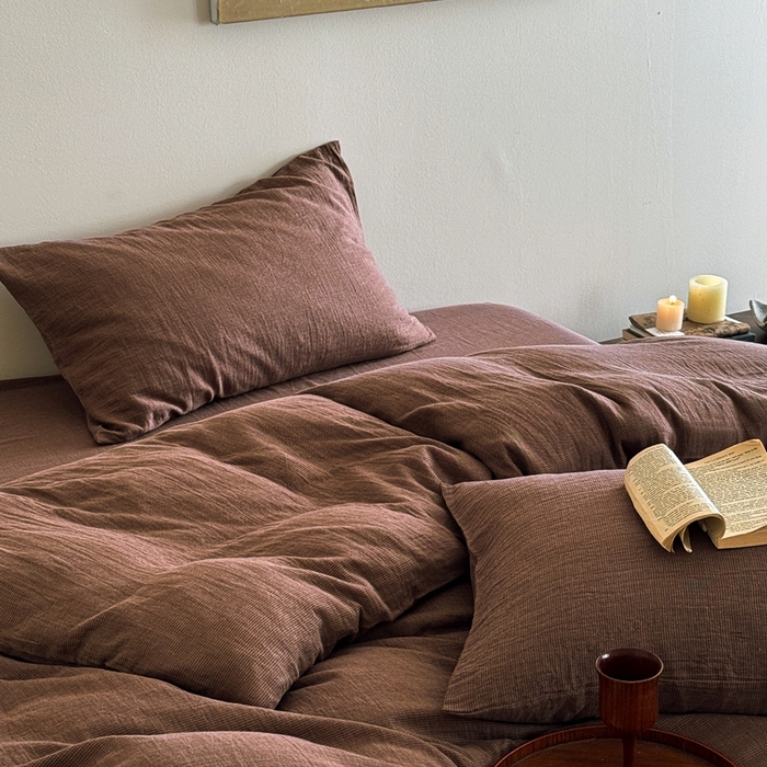 91家纺网 家纺一手货源 找家纺 尚品本色 2026新款纯色色织双层纱四件套 棕色