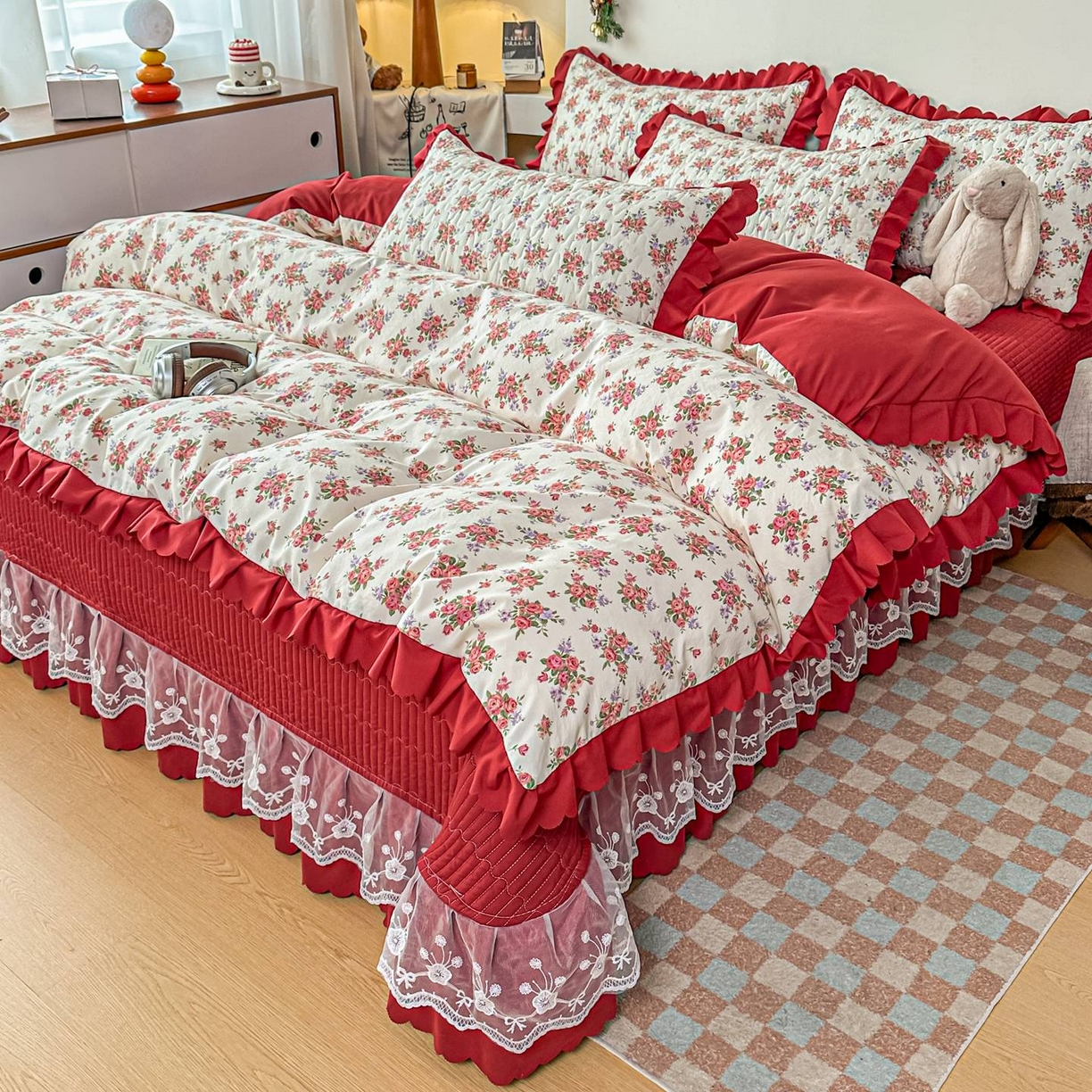 91家纺网 家纺一手货源 找家纺 雅眠居 2026新款直播爆款古法仿棉双层蕾丝花边床盖四件套 花语