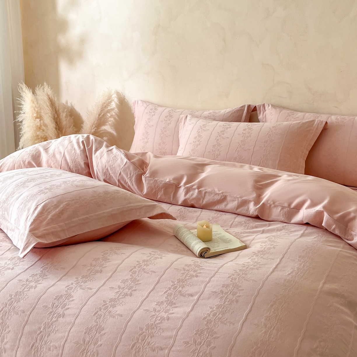 91家纺网 家纺一手货源 找家纺 火麒麟家纺 2026新款A类全棉纯棉水洗立体浮雕提花纯棉四件套 浪漫情缘（唯美粉）
