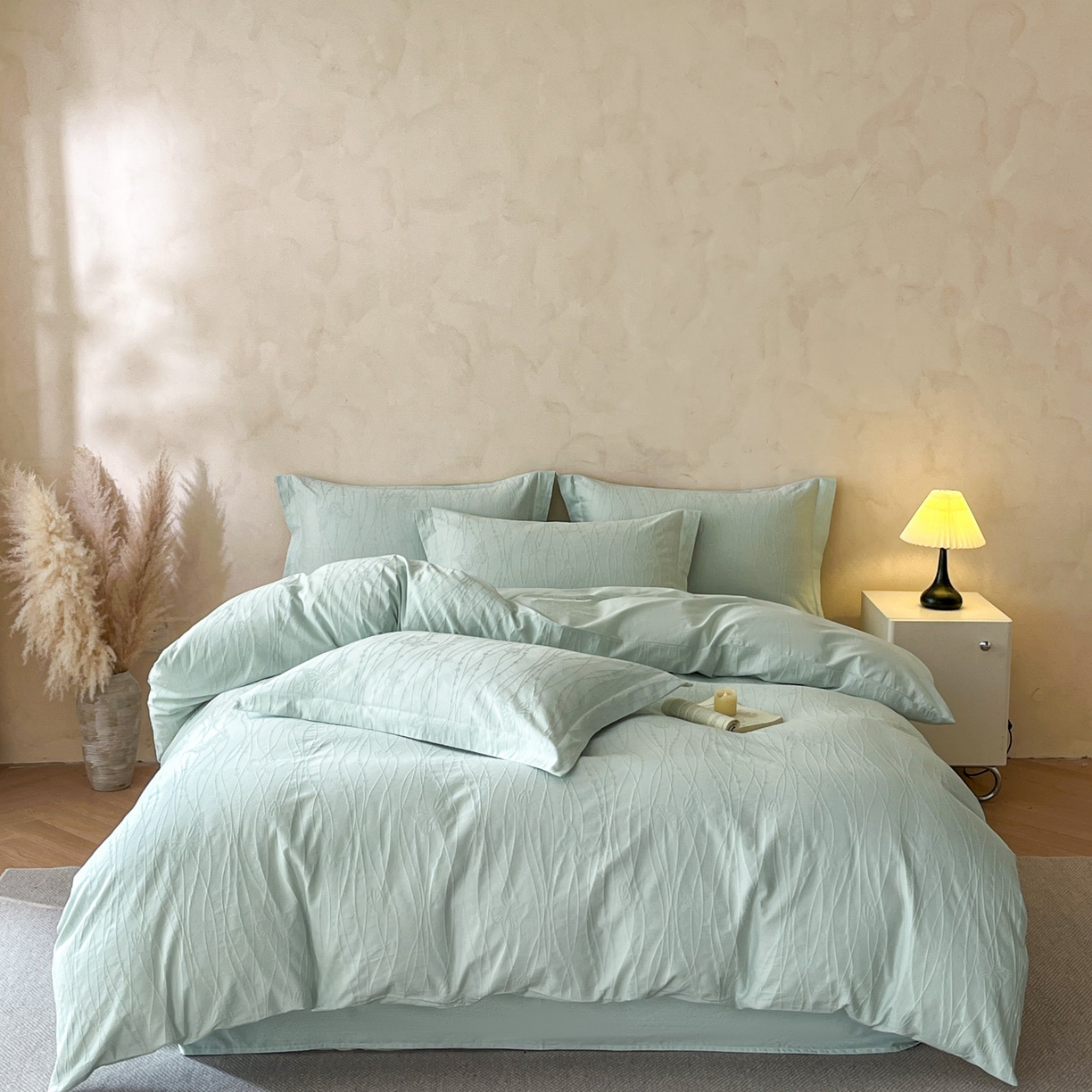 91家纺网 家纺一手货源 找家纺 火麒麟家纺 2026新款A类全棉纯棉水洗立体浮雕提花纯棉四件套 蝶梦（湖水绿）