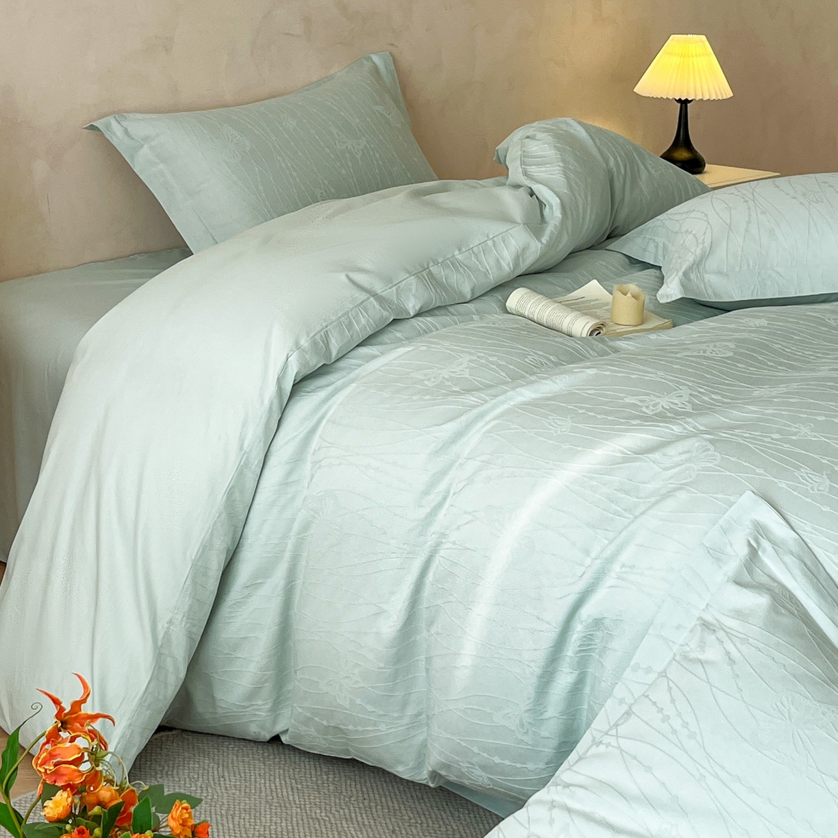 91家纺网 家纺一手货源 找家纺 火麒麟家纺 2026新款A类全棉纯棉水洗立体浮雕提花纯棉四件套 蝶梦（湖水绿）