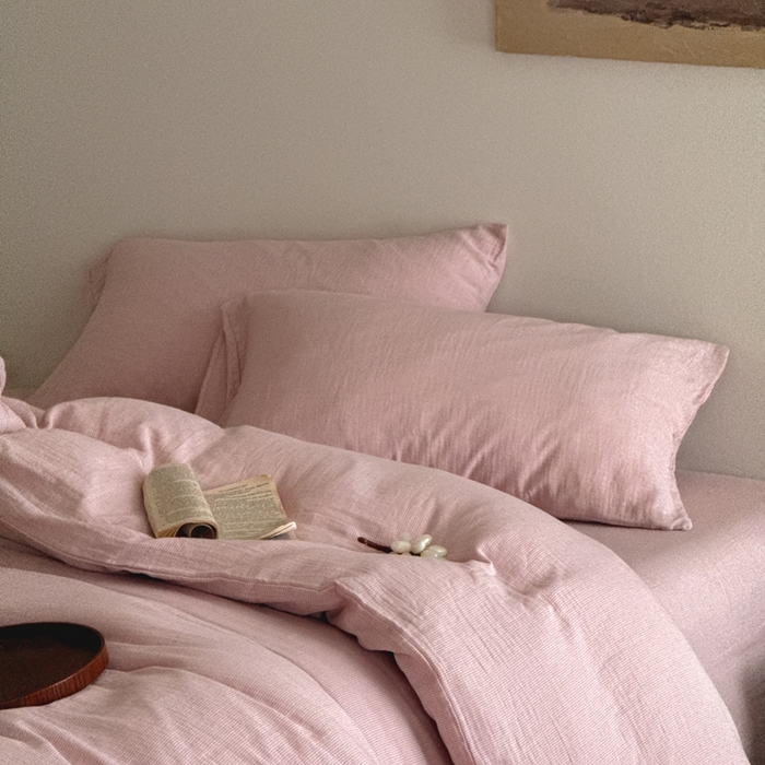 91家纺网 家纺一手货源 找家纺 泰迪爱兰Teddy ISLAND2026新款纯色色织双层纱四件套  粉色