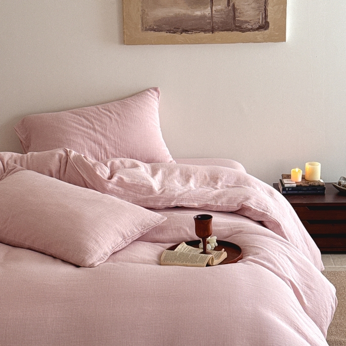 91家纺网 家纺一手货源 找家纺 泰迪爱兰Teddy ISLAND2026新款纯色色织双层纱四件套  粉色