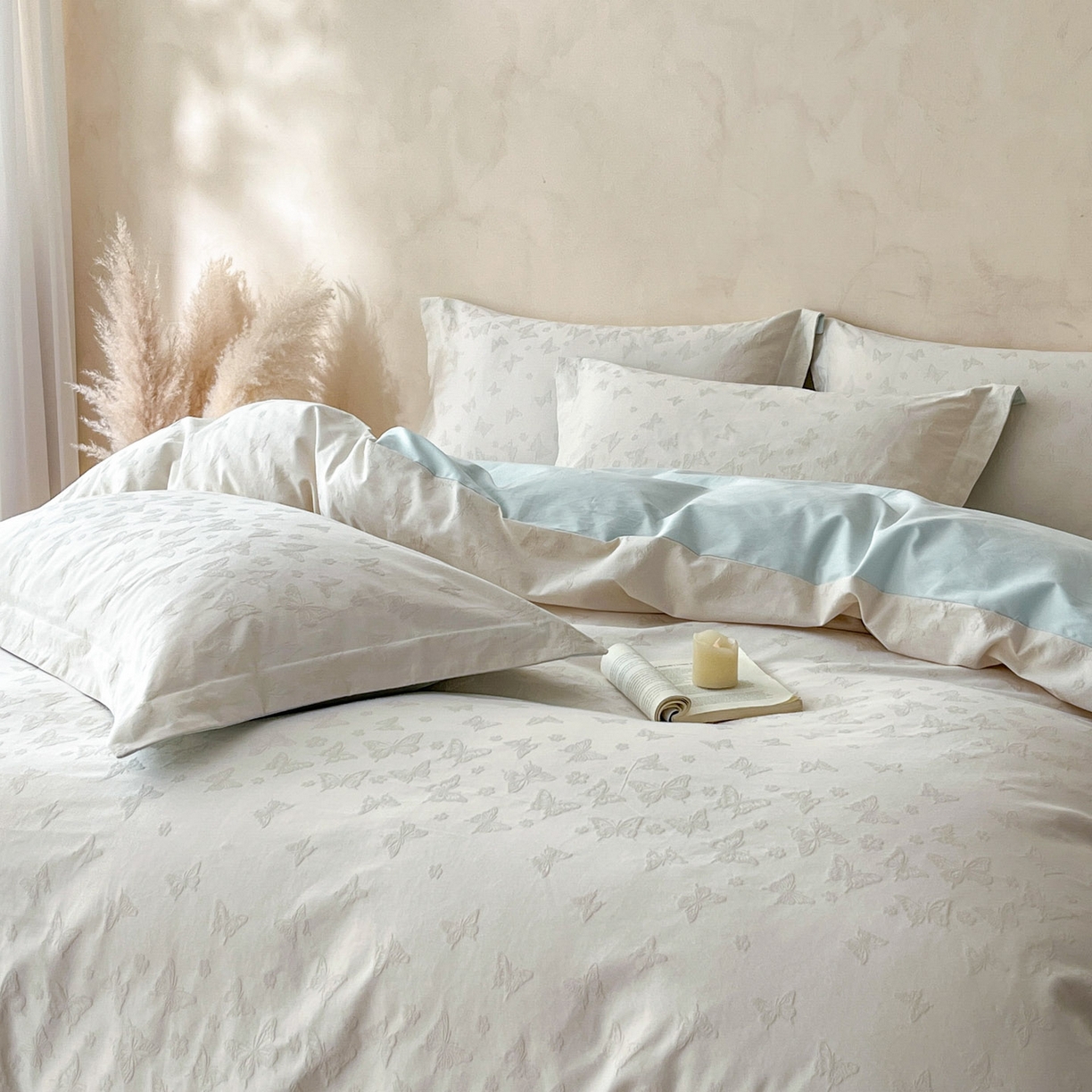 91家纺网 家纺一手货源 找家纺 火麒麟家纺 2026新款A类全棉纯棉水洗立体浮雕提花纯棉四件套 蝶愔之舞（奶昔白）