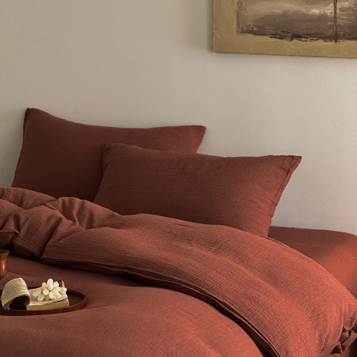 91家纺网 家纺一手货源 找家纺 泰迪爱兰Teddy ISLAND2026新款纯色色织双层纱四件套  红色