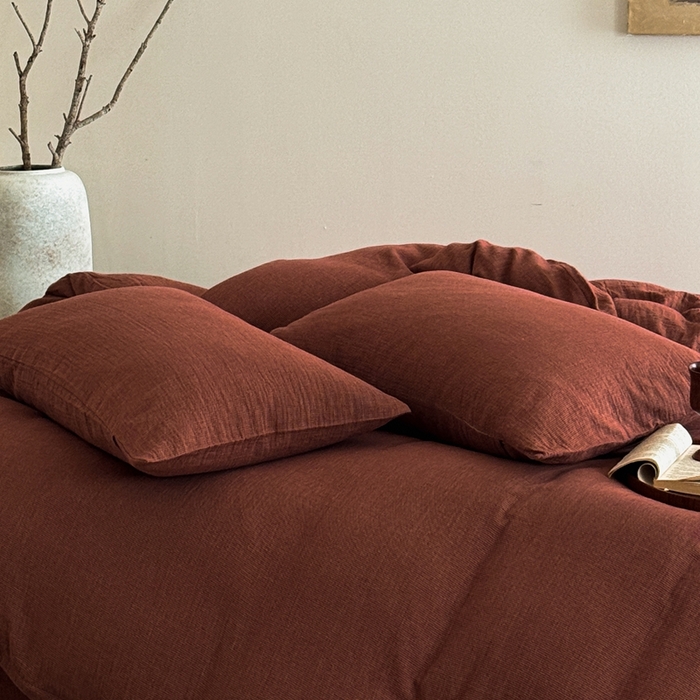 91家纺网 家纺一手货源 找家纺 泰迪爱兰Teddy ISLAND2026新款纯色色织双层纱四件套  红色