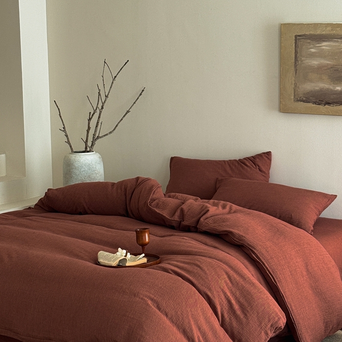 91家纺网 家纺一手货源 找家纺 泰迪爱兰Teddy ISLAND2026新款纯色色织双层纱四件套  红色