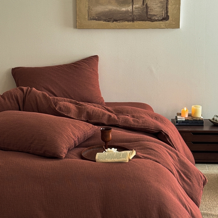 91家纺网 家纺一手货源 找家纺 泰迪爱兰Teddy ISLAND2026新款纯色色织双层纱四件套  红色