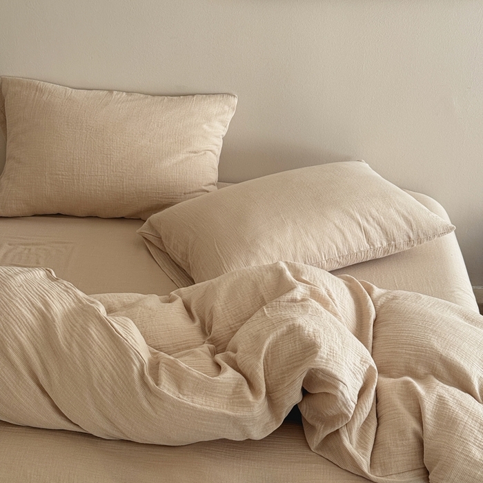 91家纺网 家纺一手货源 找家纺 泰迪爱兰Teddy ISLAND2026新款纯色色织双层纱四件套  米色