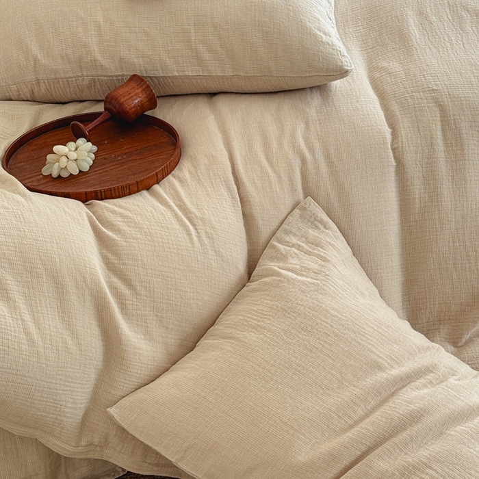 91家纺网 家纺一手货源 找家纺 泰迪爱兰Teddy ISLAND2026新款纯色色织双层纱四件套  米色