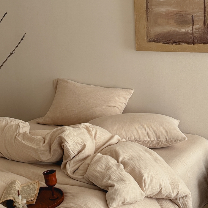 91家纺网 家纺一手货源 找家纺 泰迪爱兰Teddy ISLAND2026新款纯色色织双层纱四件套  米色