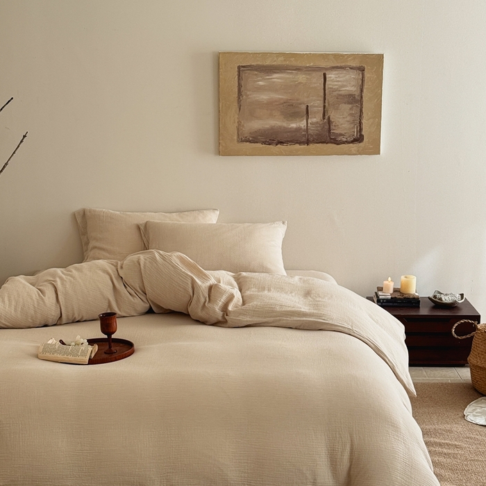 91家纺网 家纺一手货源 找家纺 泰迪爱兰Teddy ISLAND2026新款纯色色织双层纱四件套  米色