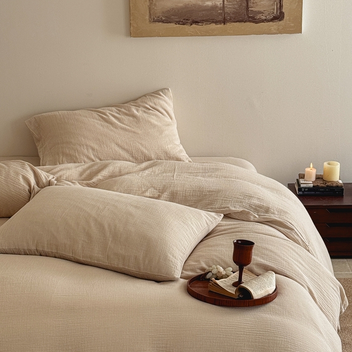 91家纺网 家纺一手货源 找家纺 泰迪爱兰Teddy ISLAND2026新款纯色色织双层纱四件套  米色