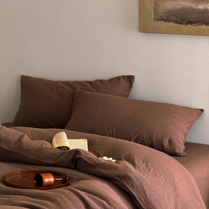 91家纺网 家纺一手货源 找家纺 泰迪爱兰Teddy ISLAND2026新款纯色色织双层纱四件套  棕色