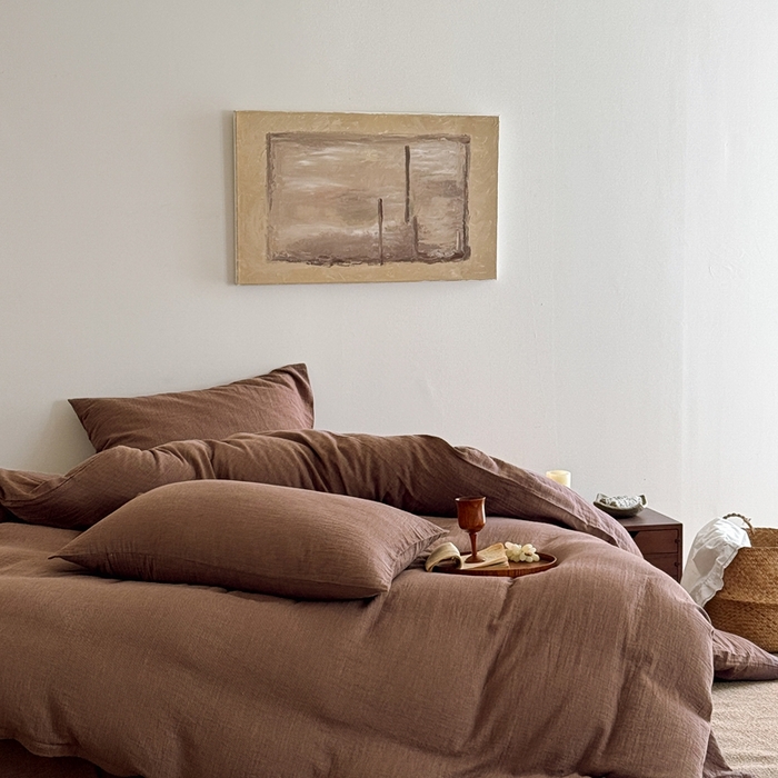 91家纺网 家纺一手货源 找家纺 泰迪爱兰Teddy ISLAND2026新款纯色色织双层纱四件套  棕色