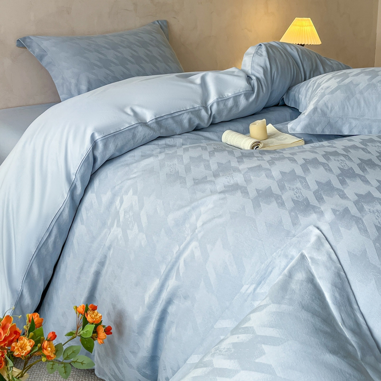 91家纺网 家纺一手货源 找家纺 火麒麟家纺 2026新款A类全棉纯棉水洗立体浮雕提花纯棉四件套 格格素锦（电光蓝）