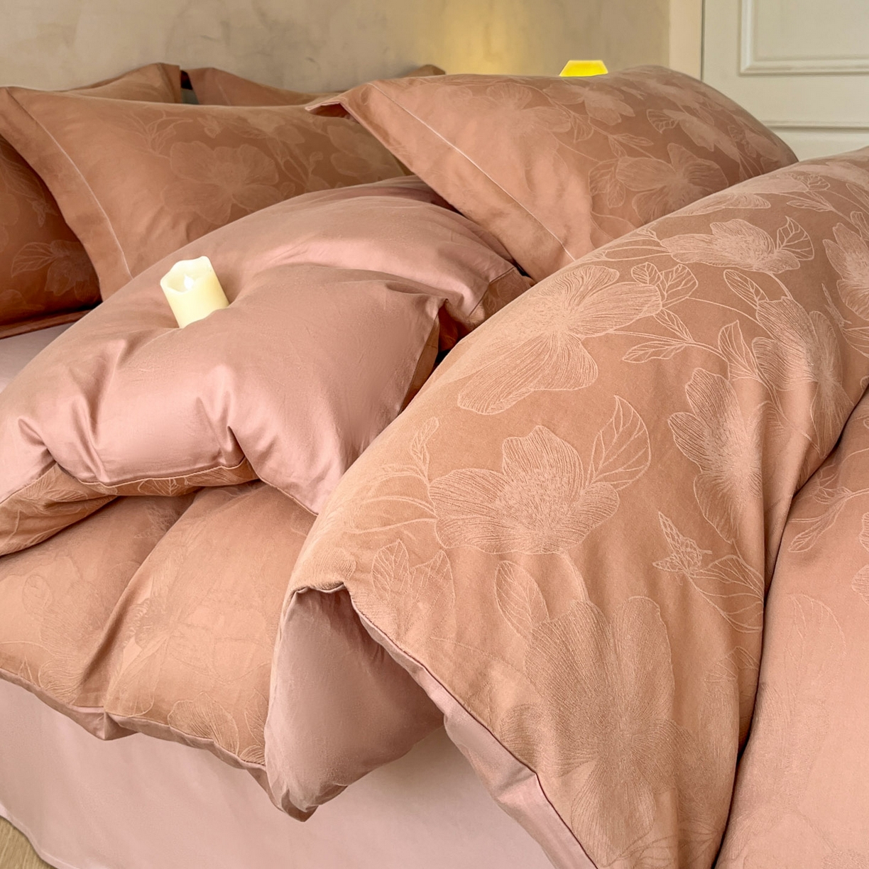 火麒麟家纺 2026新款A类全棉纯棉水洗立体浮雕提花纯棉四件套 花柔玉净（深秋咖）