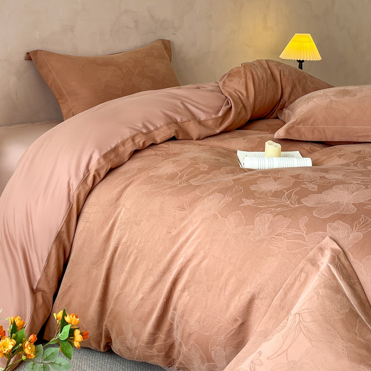 91家纺网 家纺一手货源 找家纺 火麒麟家纺 2026新款A类全棉纯棉水洗立体浮雕提花纯棉四件套 花柔玉净（深秋咖）