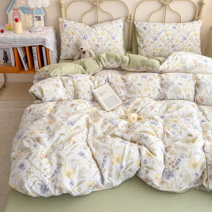 91家纺网 家纺一手货源 找家纺 （总）梦舒阳家纺 新款泡芙棉双层纱四件套皱皱纱四季款泡芙纱四件套现货充足