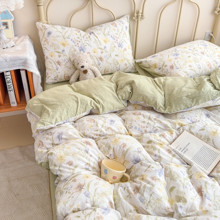 91家纺网 家纺一手货源 找家纺 （总）梦舒阳家纺 新款泡芙棉双层纱四件套皱皱纱四季款泡芙纱四件套现货充足