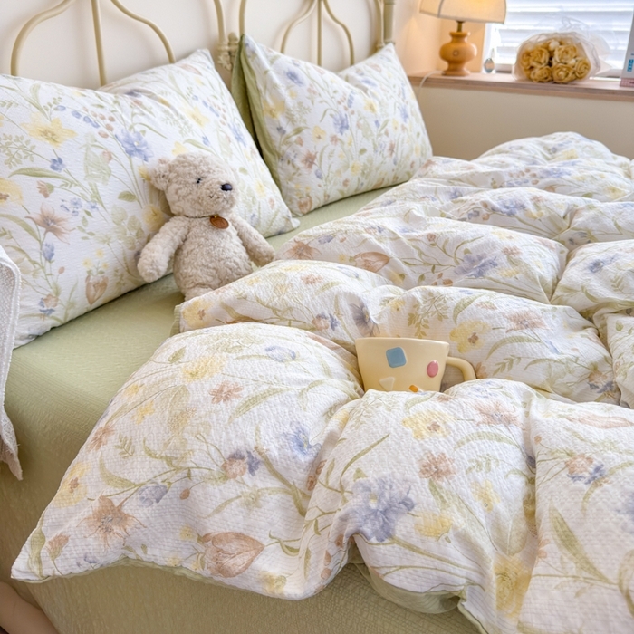 91家纺网 家纺一手货源 找家纺 （总）梦舒阳家纺 新款泡芙棉双层纱四件套皱皱纱四季款泡芙纱四件套现货充足