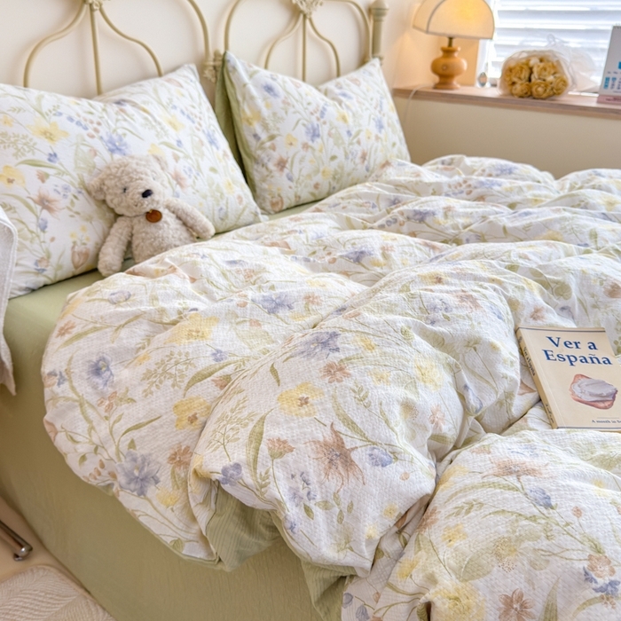 91家纺网 家纺一手货源 找家纺 （总）梦舒阳家纺 新款泡芙棉双层纱四件套皱皱纱四季款泡芙纱四件套现货充足