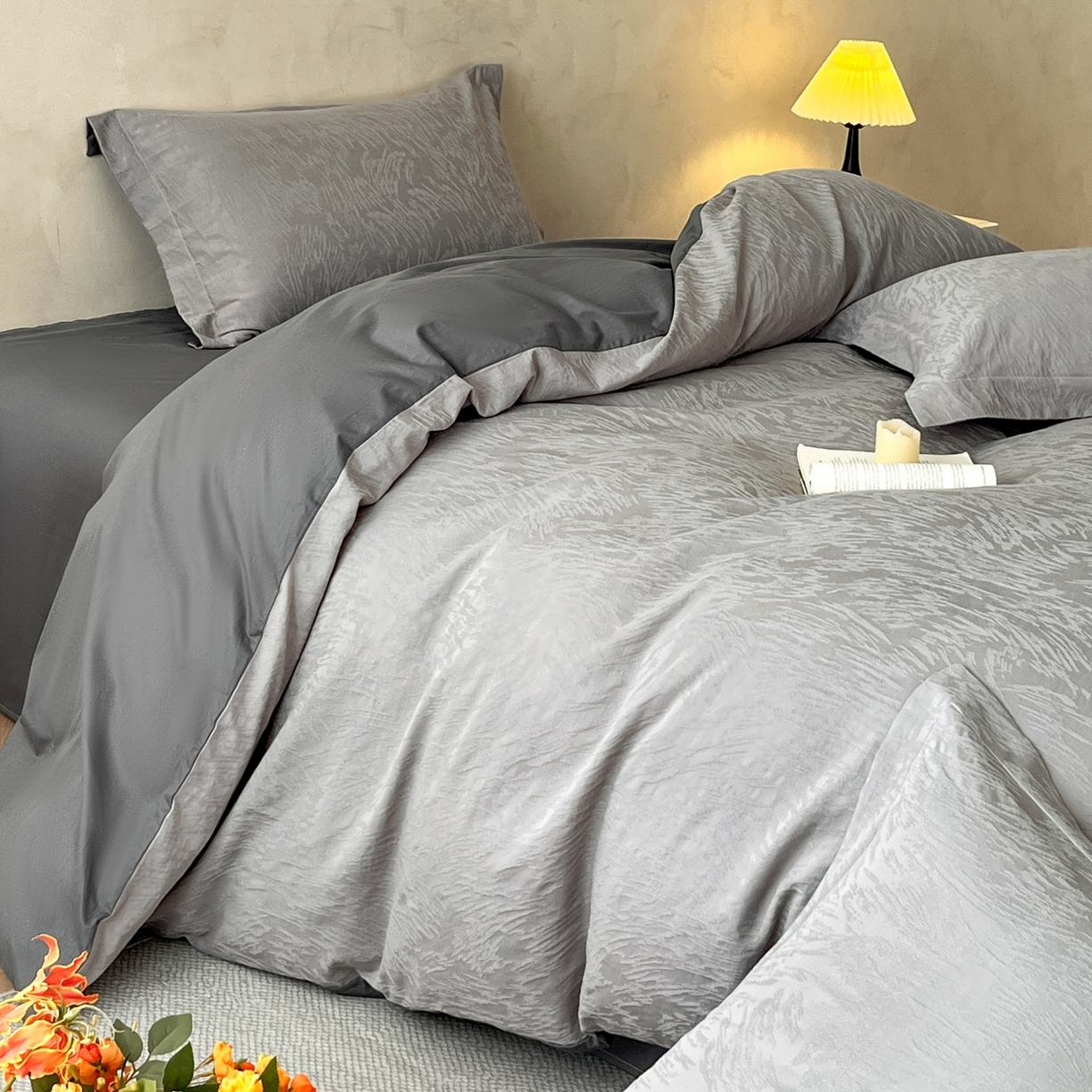 91家纺网 家纺一手货源 找家纺 火麒麟家纺 2026新款A类全棉纯棉水洗立体浮雕提花纯棉四件套 克拉拉（太空灰）