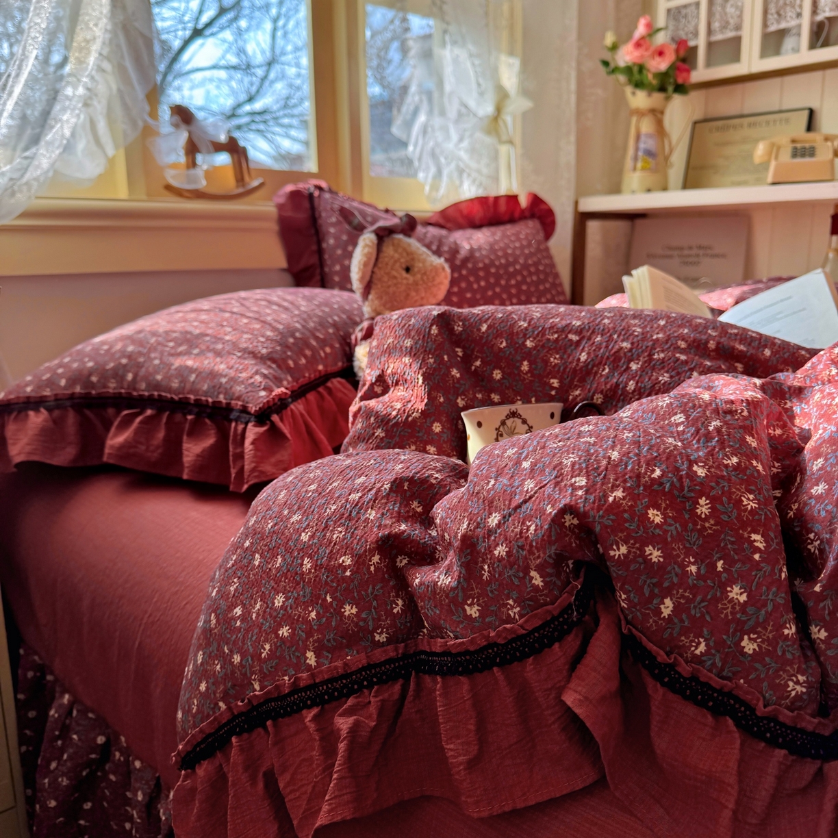 91家纺网 家纺一手货源 找家纺 芭比蔓家纺 2026春夏新款皱皱纱印花四件套 花开满满