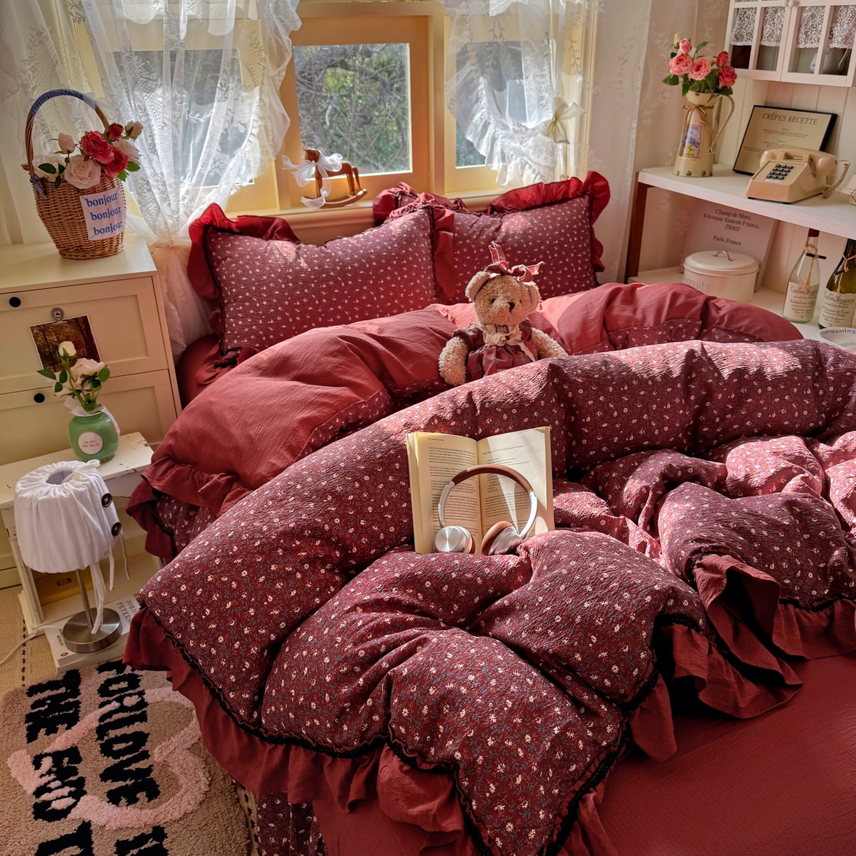 芭比蔓家纺 2026春夏新款皱皱纱印花四件套 花开满满