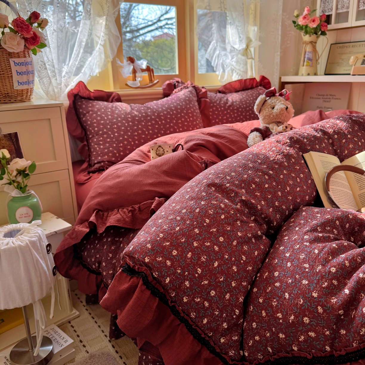 91家纺网 家纺一手货源 找家纺 芭比蔓家纺 2026春夏新款皱皱纱印花四件套 花开满满