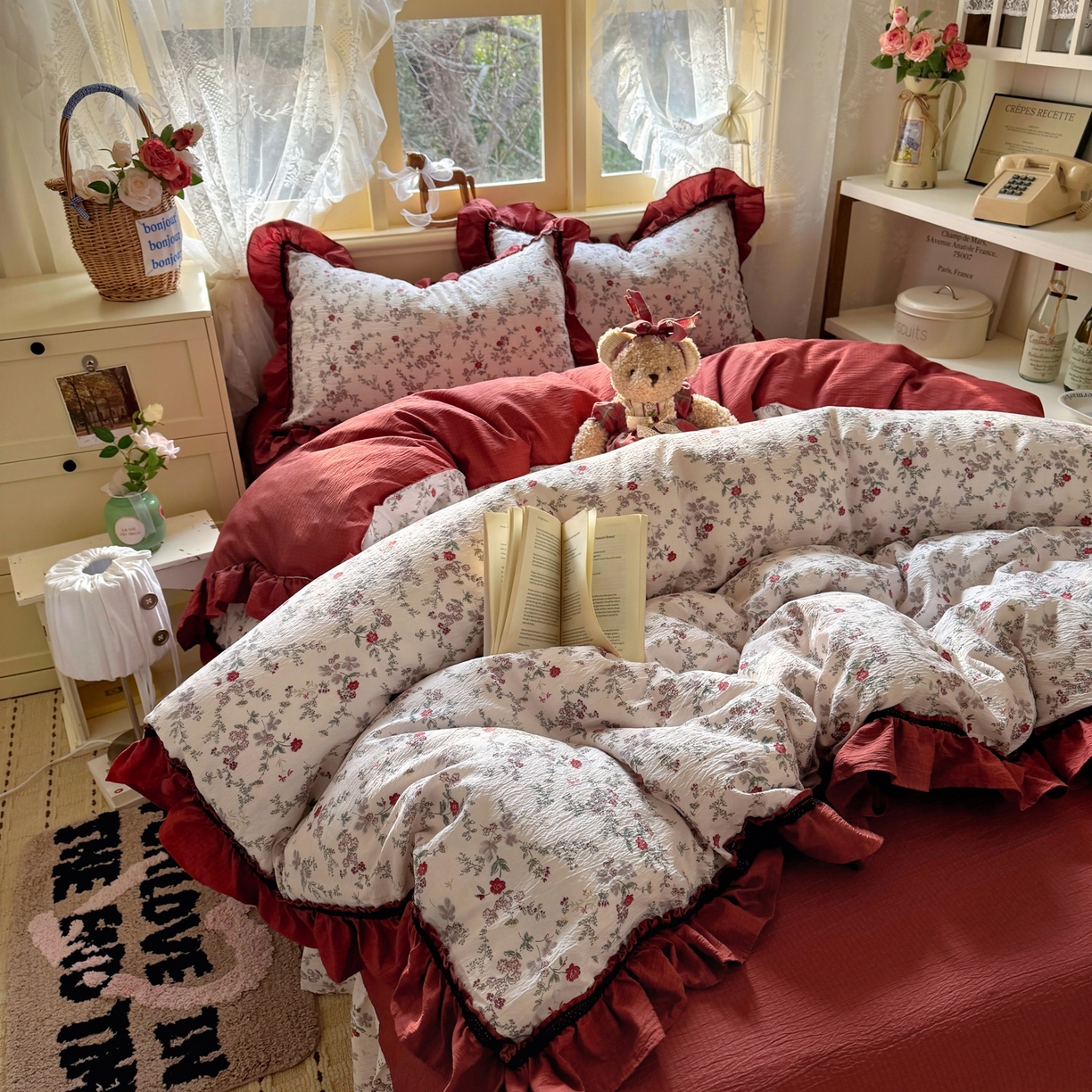 芭比蔓家纺 2026春夏新款皱皱纱印花四件套 浪漫花语