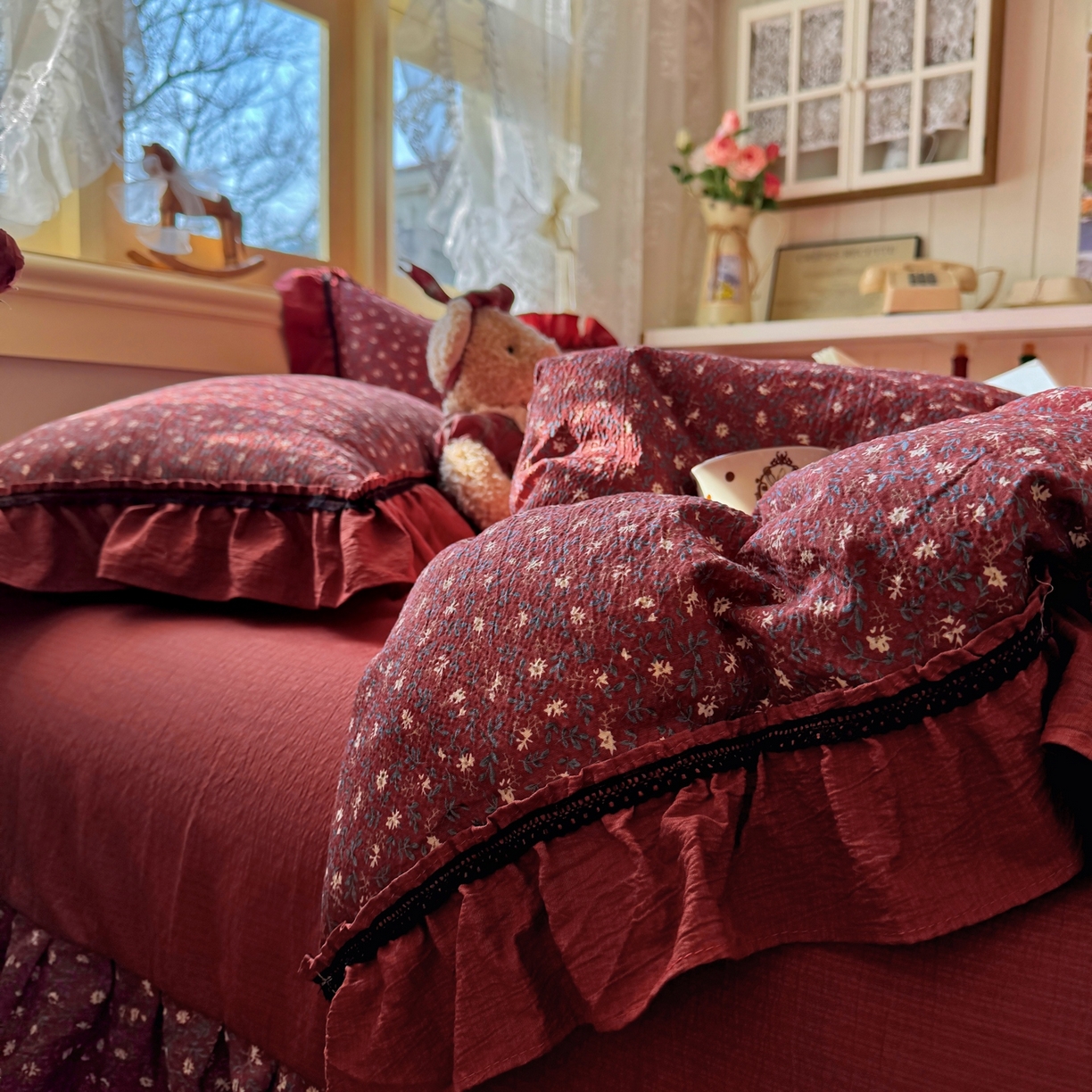 91家纺网 家纺一手货源 找家纺 芭比蔓家纺 2026春夏新款皱皱纱印花四件套 花开满满