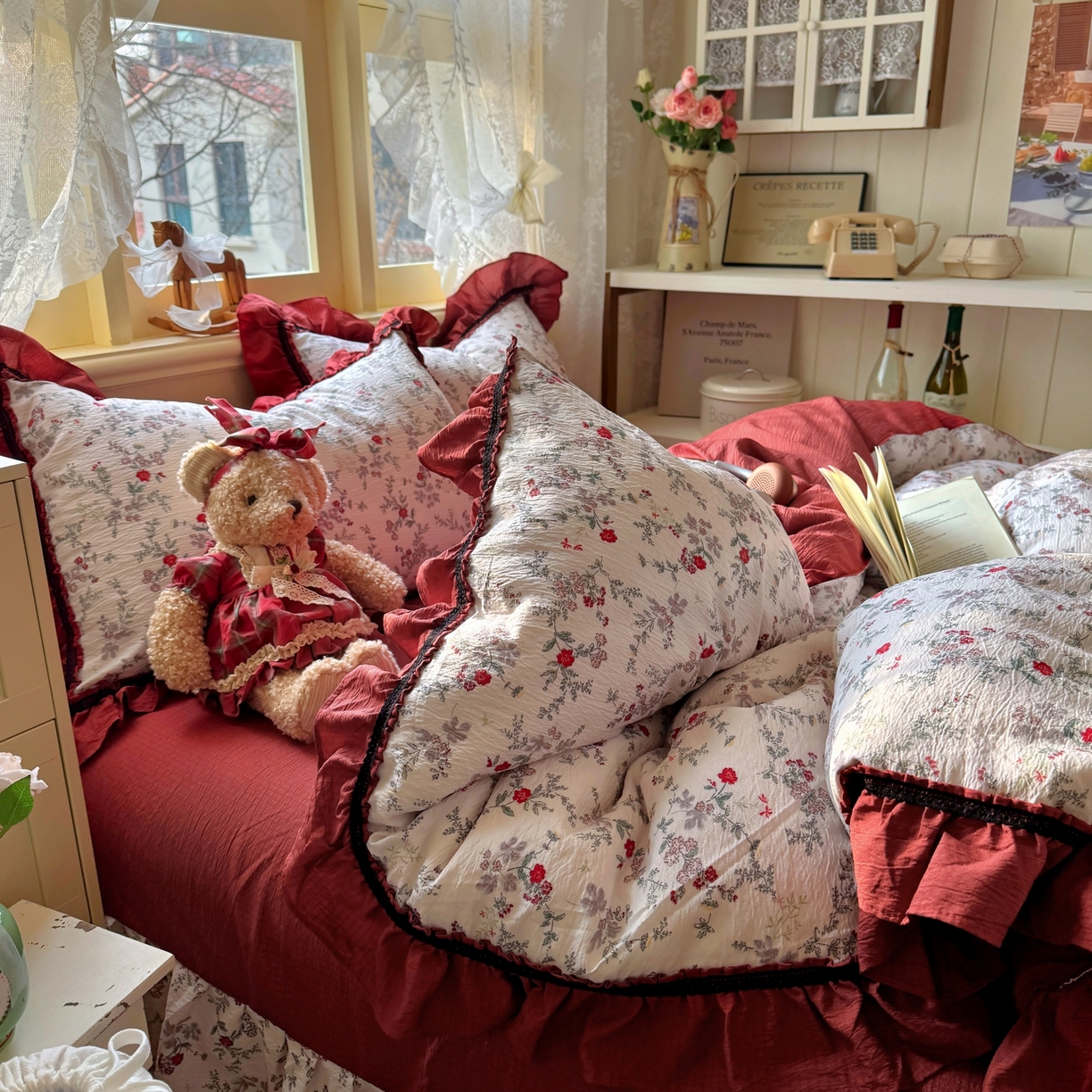 91家纺网 家纺一手货源 找家纺 芭比蔓家纺 2026春夏新款皱皱纱印花四件套 浪漫花语