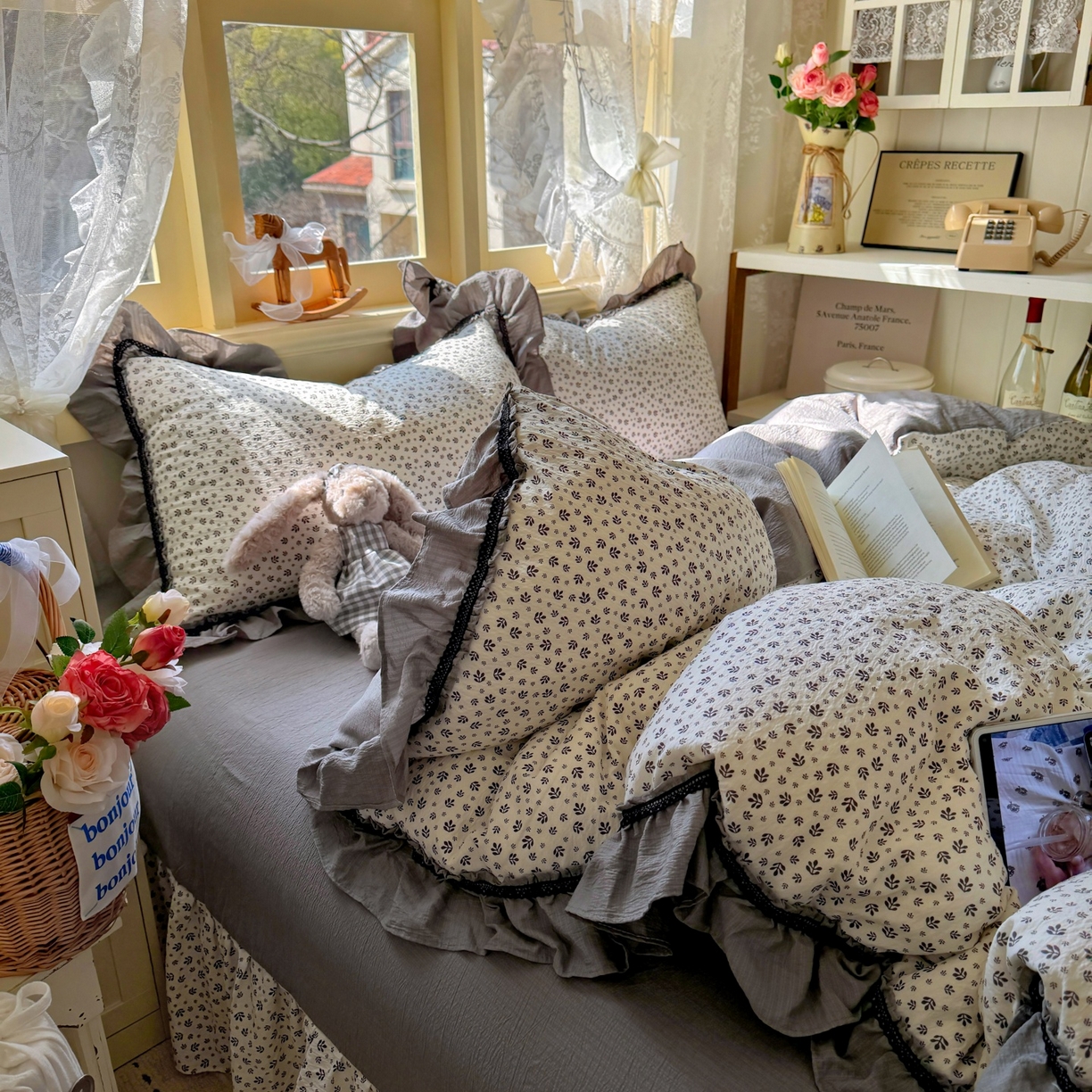 91家纺网 家纺一手货源 找家纺 芭比蔓家纺 2026春夏新款皱皱纱印花四件套 花海迷情