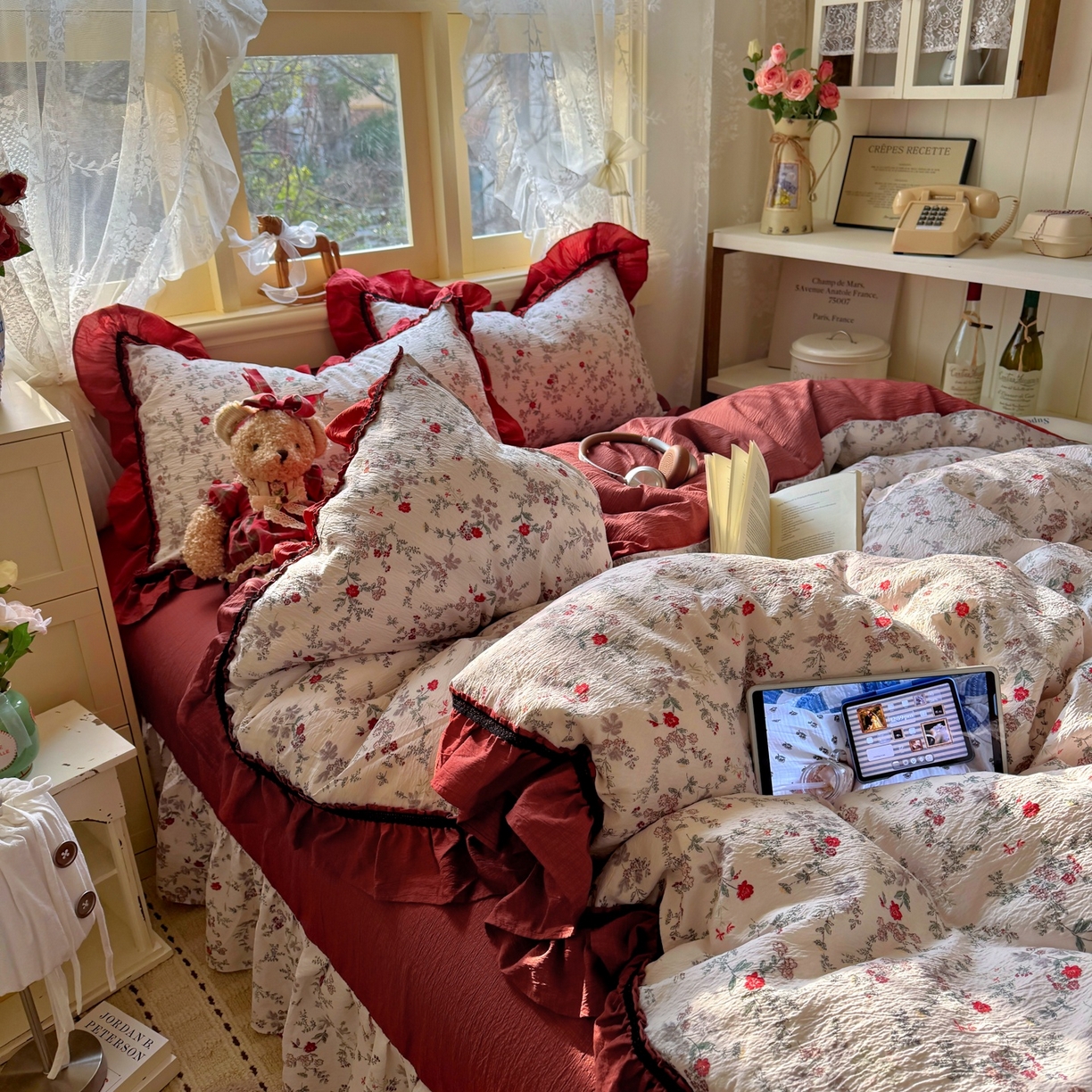 91家纺网 家纺一手货源 找家纺 芭比蔓家纺 2026春夏新款皱皱纱印花四件套 浪漫花语