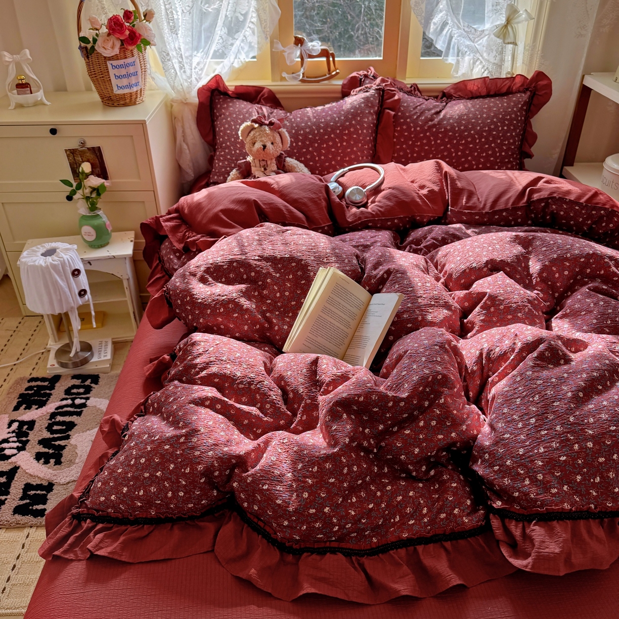 91家纺网 家纺一手货源 找家纺 芭比蔓家纺 2026春夏新款皱皱纱印花四件套 花开满满